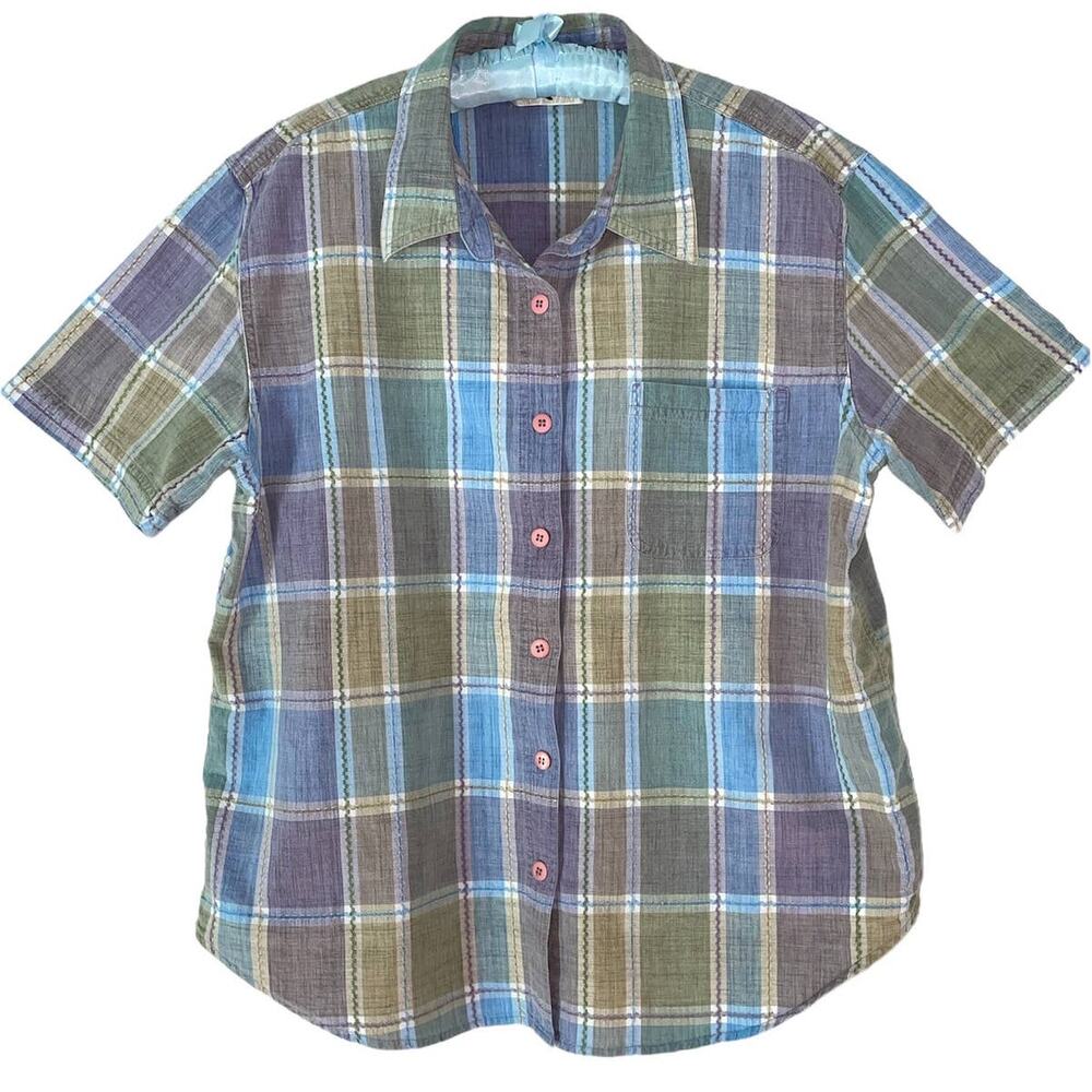 Vintage Lemon Grass Purple & Blue Plaid Short Sleeve Shirt 18W